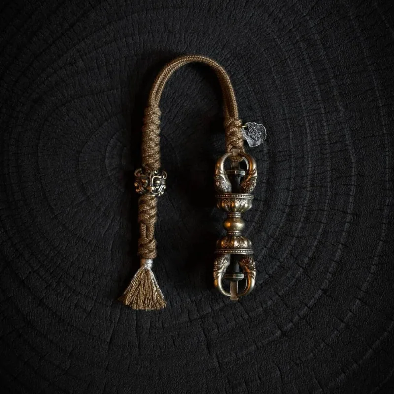 Authentic Tibetan Style Vajra Pendant, Retro Taotie Beast Face Dorje Side Hang, Handmade Spiritual Buddhist Charm for Car Bag