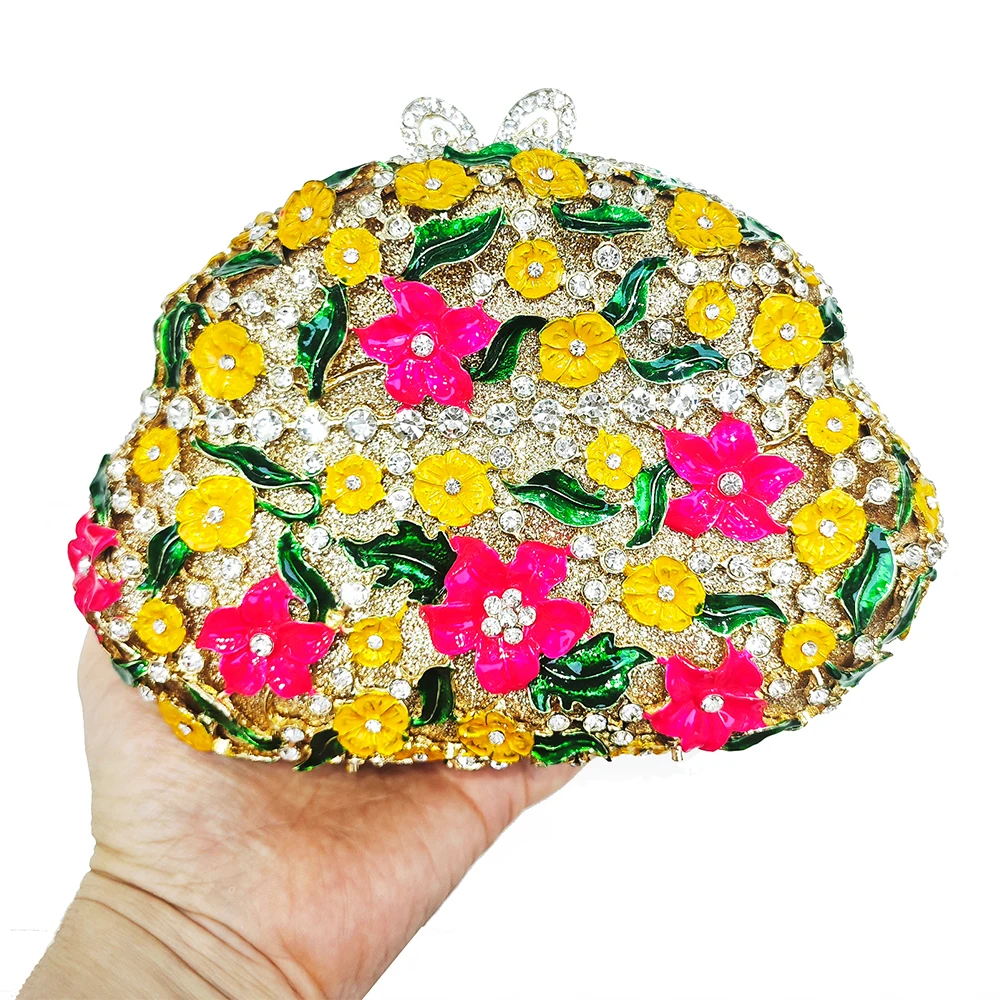 Bolsos de Mano con Cristales Dorados y Flores Fucsia/Amarillas para Mujer, Bolsos de Noche para Fiesta, Cena, Boda, con Pedrería