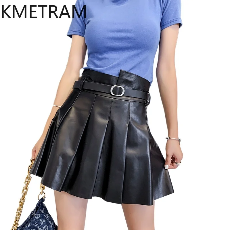 

KMETRAM Genuine Leather Skirts for Woman Real Sheepskin Clothes Autumn Winter Mini Skirt High Waist Pleated Skirt Юбка Женская