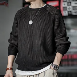Maden Vintage Vertical Striped Knitted Sweater Round Neck Thick Warm Base Layer for Men's Autumn and Winter Versatile Pullover