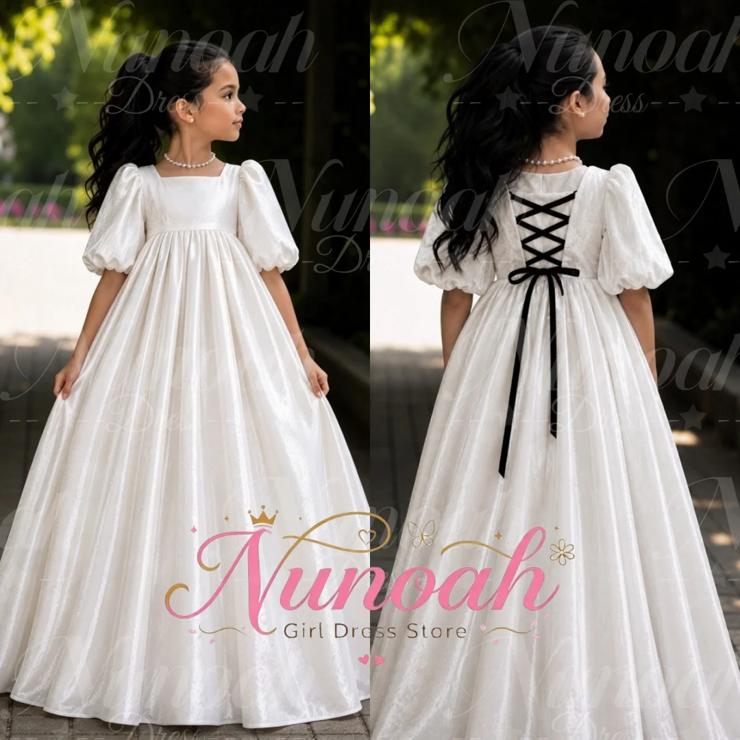 Ivory Satin Flower Girl Dresses for Wedding Half Sleeves Floor Length Girl Gown for Photoshoot First Communion Gown Customized