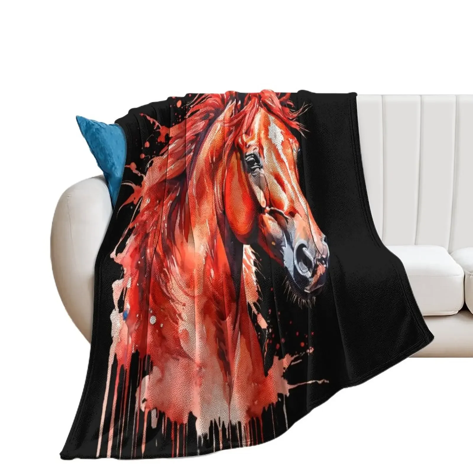 

Watercolor Red horse Throw Blanket for winter Thermals For Travel Hairy Flannel Blankets