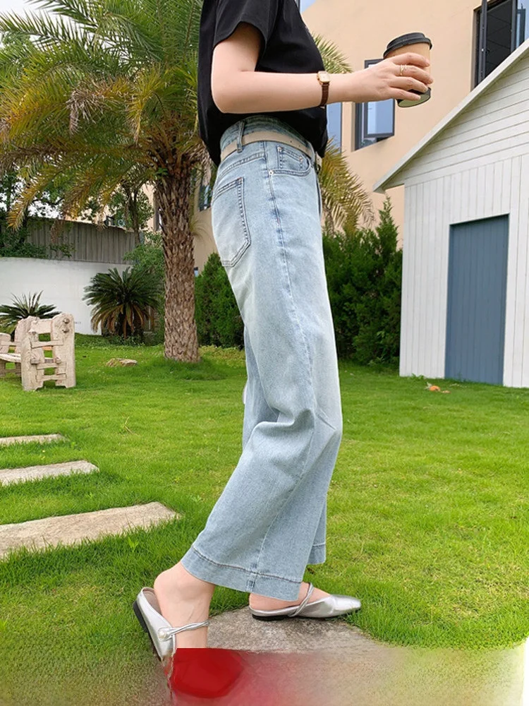 

Свободные комфортные джинсы с высокой талией, прямые, светло-голубые, летние, женские, повседневные, на молнии, широкие штанины, хлопок...