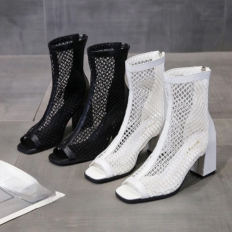 Brand Summer Fashion Mesh Fish Mouth Short Tube High Heels Hollow Women Breathable Riding Boots Thick Heel Sandals Ladies Shoes