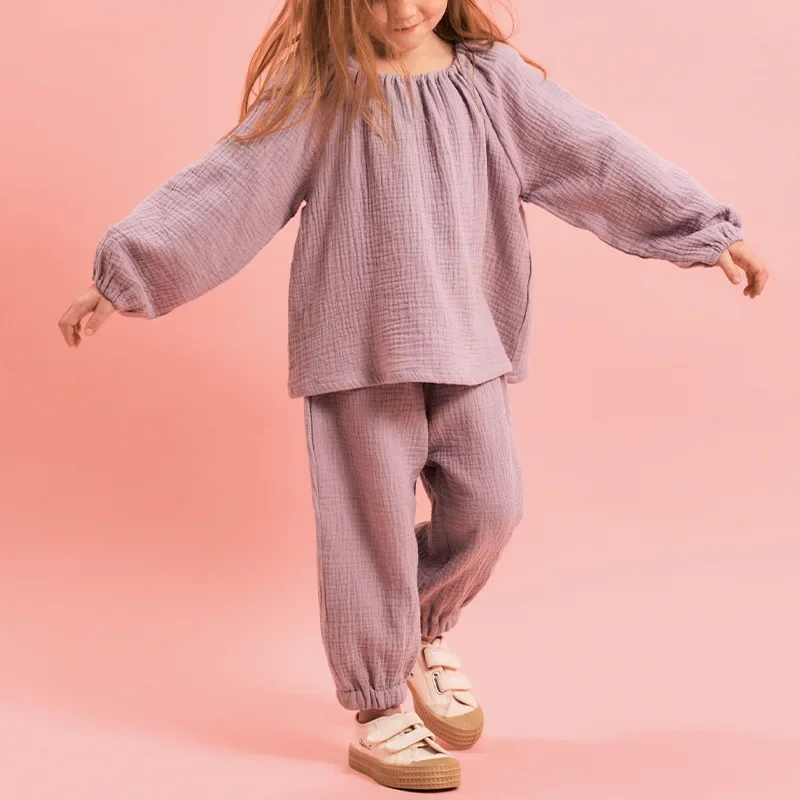 Childrens Sets Cloth Cotton Autumn New Two Pieces Round Neck Long Sleeves Tops Trousers Simple 2024 Round Collar Soild