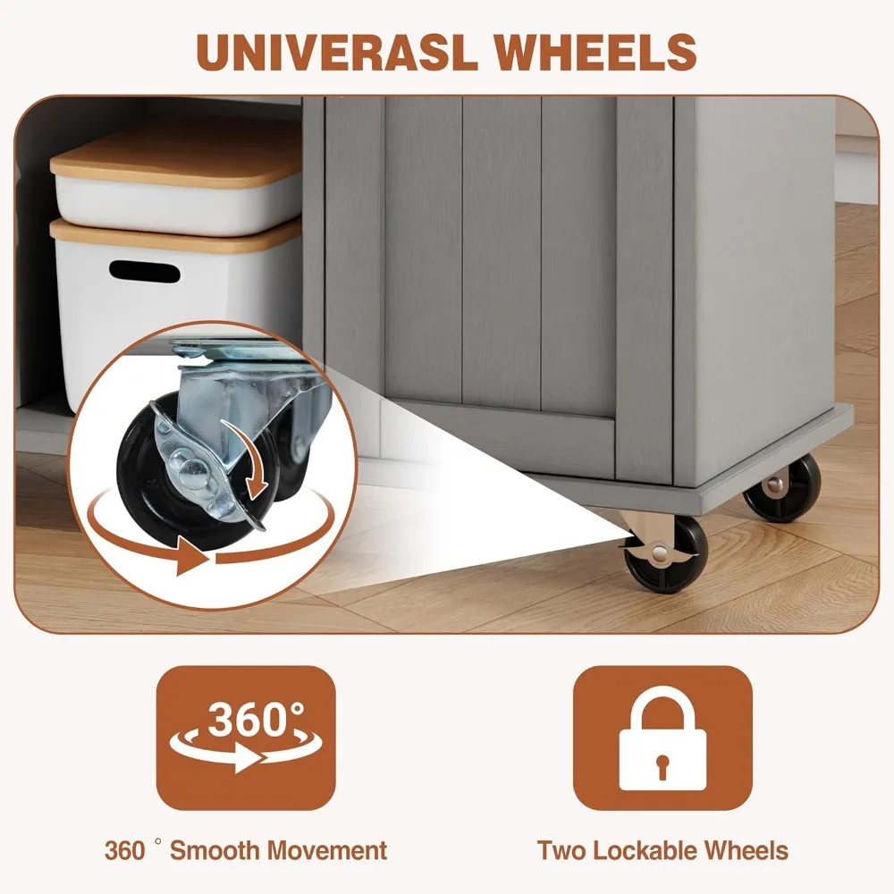 Катящийся кухонный остров с выдвижным листом, ящиками для хранения и вешалкой для полотенец для гибкого использования