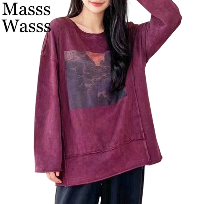 Masss Wasss 2026 Spring Fashion Leisure Tops Womens Japanese Design Vintage O Neck T-Shirts Ladies Loose Classic Elegant Clothes