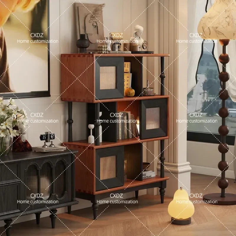 French Retro Solid Wood Storage Cabinet Multi Layer Floor Display Locker for Living Room Wall Mounted Antique Style Medium