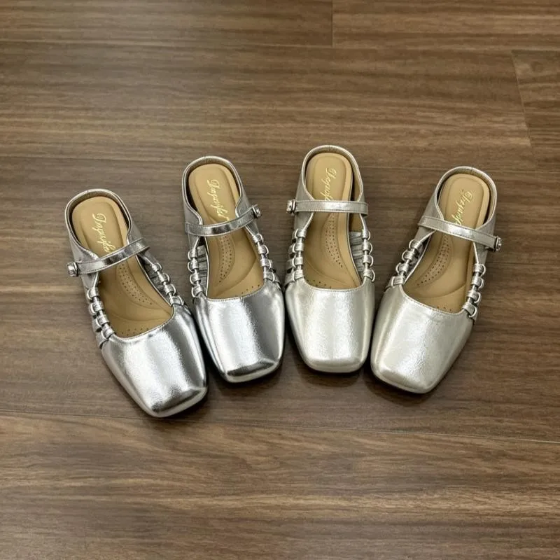 Französische Mary-Jane-Slipper mit eckiger Zehenpartie und gewebtem Einzelriemen für Damen – weiche Sohle, atmungsaktiv, lässig, vielseitig, halb offene Schuhe