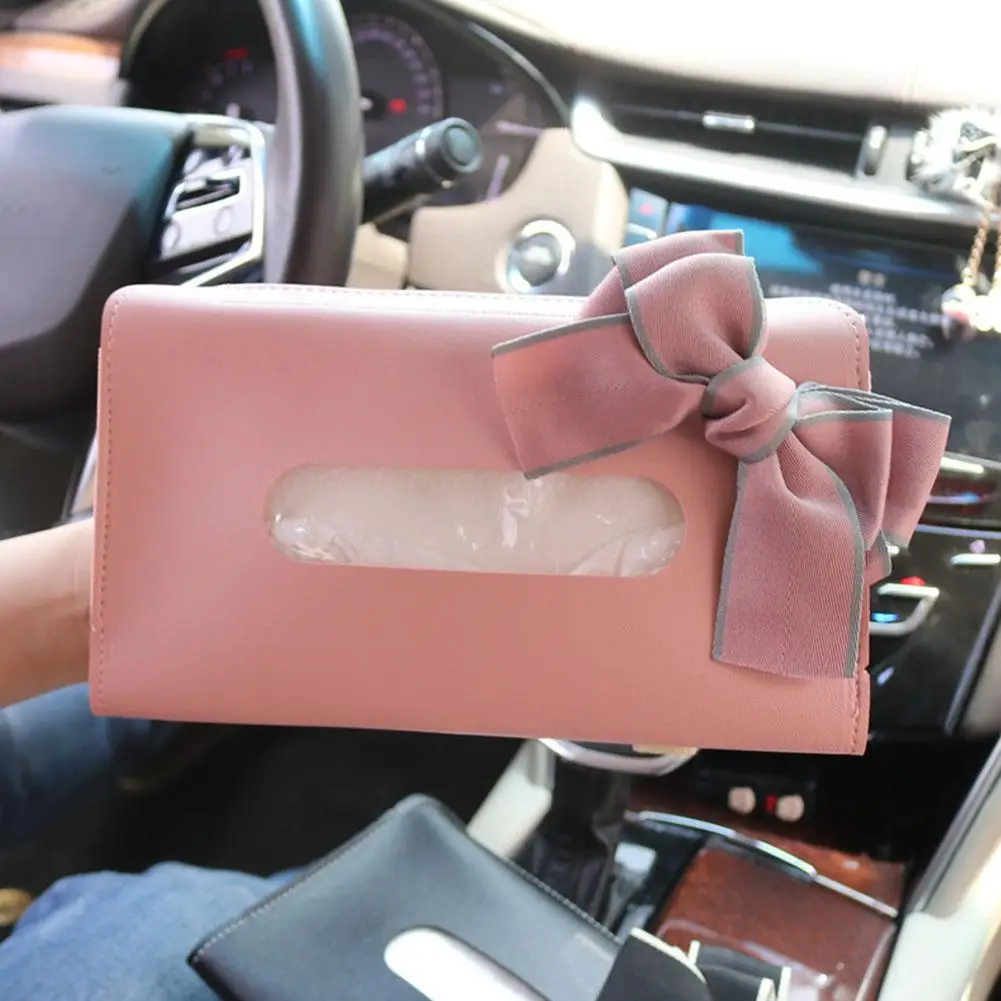 Car Sun Visor PU Leather Bow Tissue Holder Sunroof Interior Drawer Auto Storage Accessories Seatback Tissue Boxes Decoratio G4J1