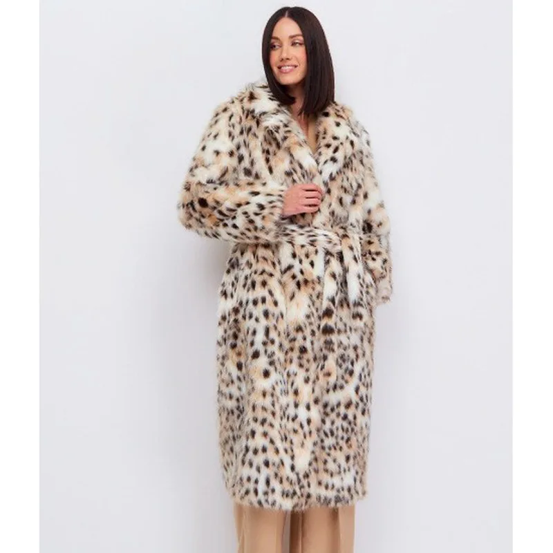 Luxury Big Size Women Clothing Long Fur Coat Warm Thick Fluffy Faux Fur Jacket Lace-up Leopard Print Windproof Windbreaker Lapel