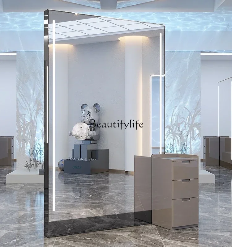 88.Barber Shop Dressing Table Beauty Salon Floor Double-Sided LED Wall-Mounted Hair Salon Hot Dyeing Large Mirror
