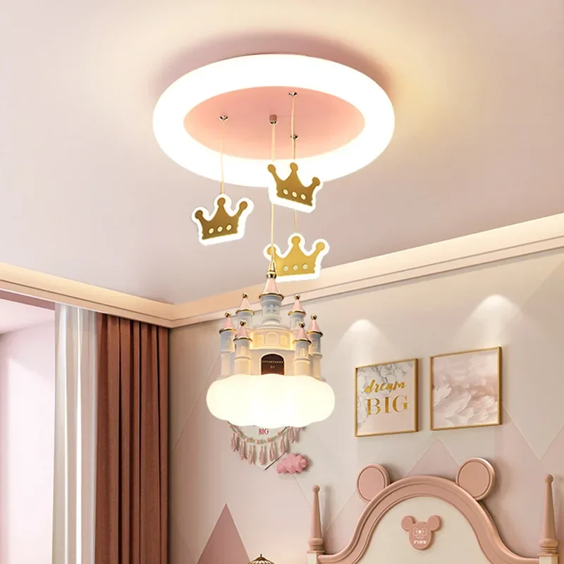 Girl\'s Bedroom Cartoon Creative Pendant Light Pink Fantasy Castle Crown LED Chandelier for Children\'s Room Hanging Lamp Fixtures