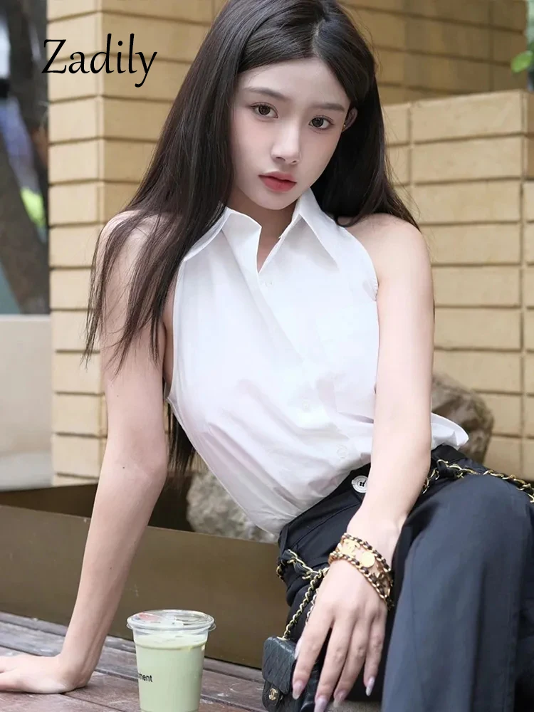 Casual Sleeveless Women White Shirt And Blouse Korea Style Button Turn Down Collar Ladies Shirts Summer Female Clothing Tops