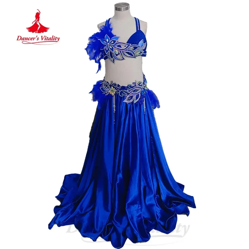 BellyDance Performance Costume Customized Feather AB Stones Bra+Sexy Satin Long Skirt 2pcs Oriental Dance Competition Clothing