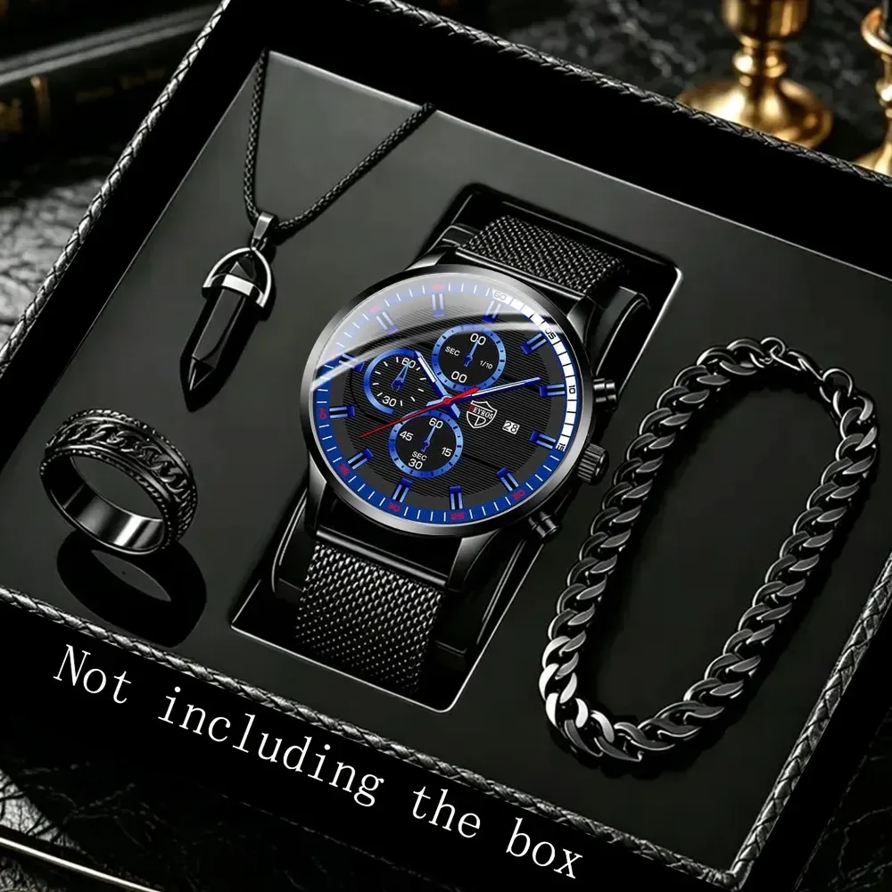 4pcs New Men's Watch Set Fashion Business Leisure Quartz Watch and Bracelet Necklace Ring Set - Men's Gifts for Christmas
