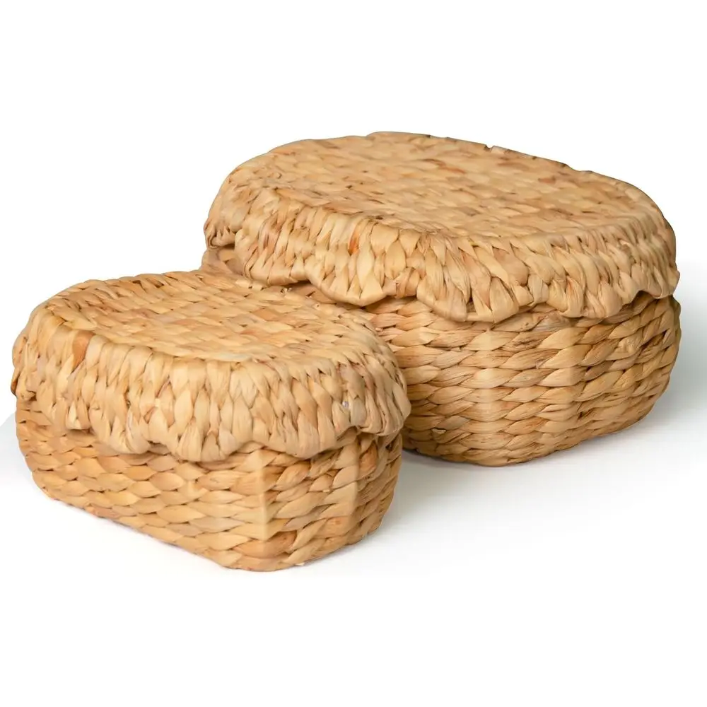 

Pack of 2 Scalloped Basket with Lids, Water Hyacinth Wicker, BOHO Handwoven Wicker Basket for Gifts, Diaper Caddy Organiz