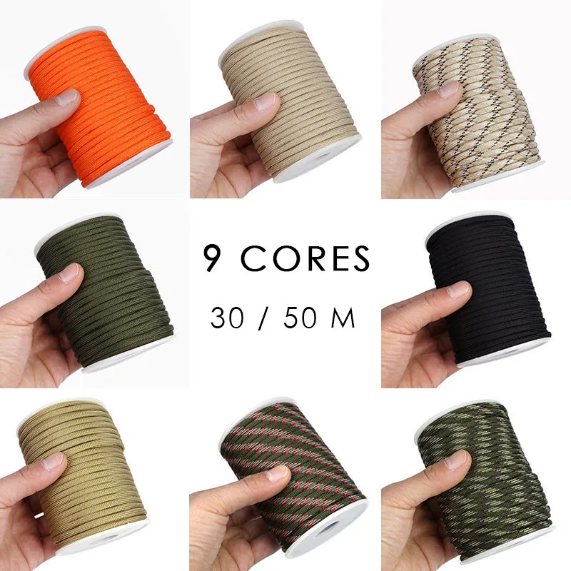 30 50 M  Dia.4mm 9 Cores 550 Paracord Cord   For Outdoor Camping Survival Lanyard Parachute Rope Hiking Tent Accessories