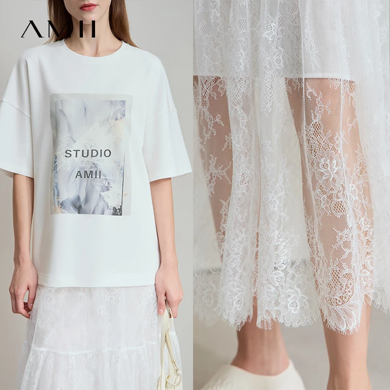 AMII プリントカジュアルサマードレス女性 2025 半袖ラウンドネックスプライシングレース Tシャツドレス女性のファッションストレート 12542199