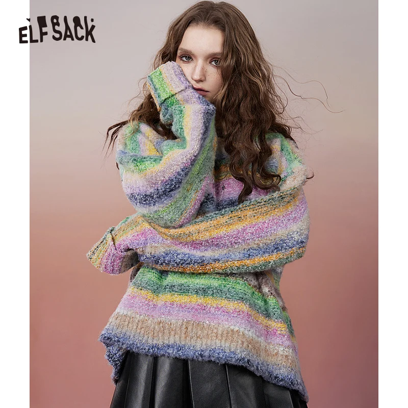 ELFSACK Kawaii Colorful Striped Pullover Sweaters Women 2023 Winter Plus Size Luxury Designer Tops