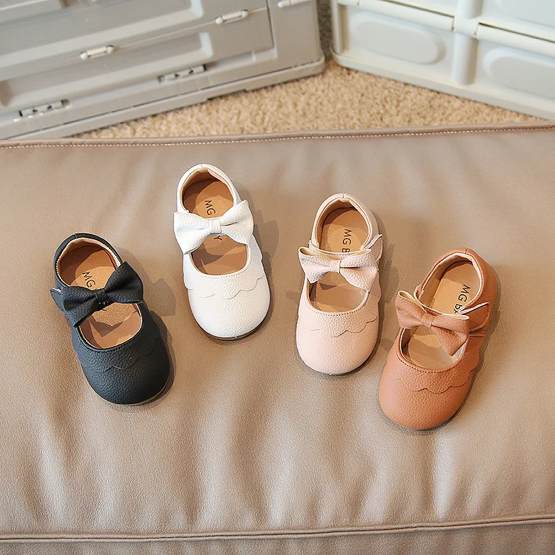 Retro New Newborn Baby Walking Shoes Spring Autumn Solid Color Bow Princess Shoes PU Anti-slip Soft Rubber Bottom Baby Casual