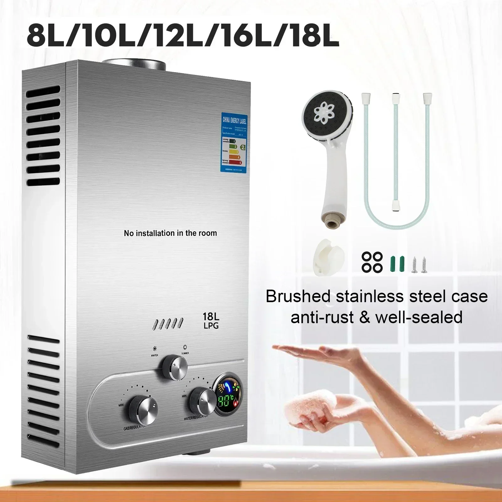 VEVOR 6L-18L LPG Gas Hot Water Heater Propane Gas Stainless Steel Tankless Boiler Camping W/Shower Kit LPG Water Heater