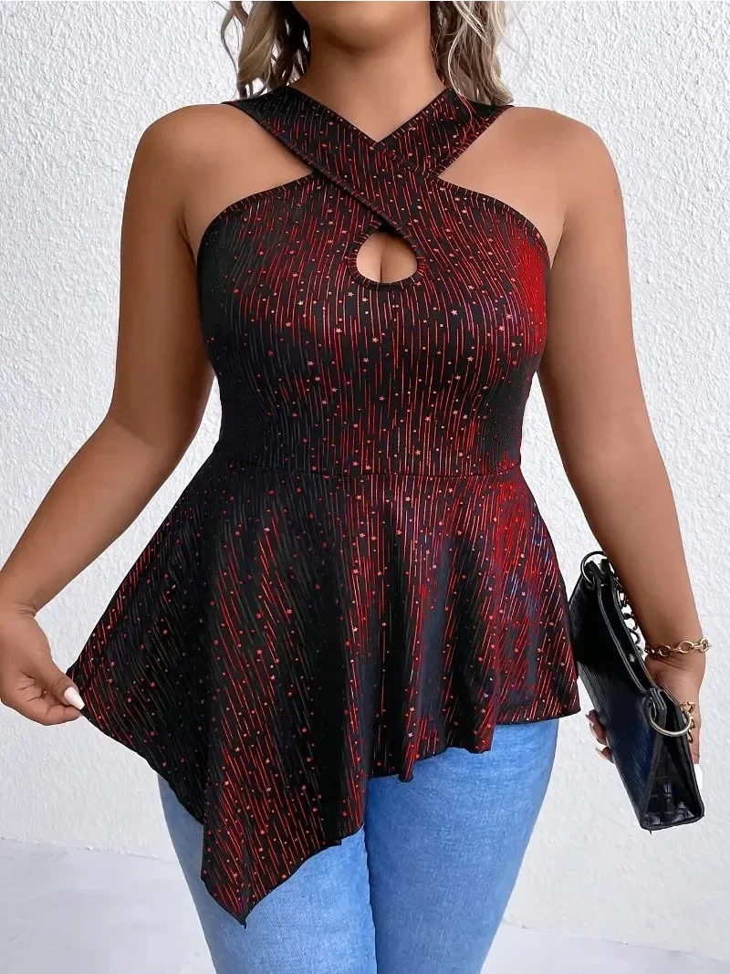 New Summer Plus Size 1XL-5XL Women\'s Fashion Front Cross Vest Summer New Solid Color Ruffled Vest Temperament Slim Ladies Top