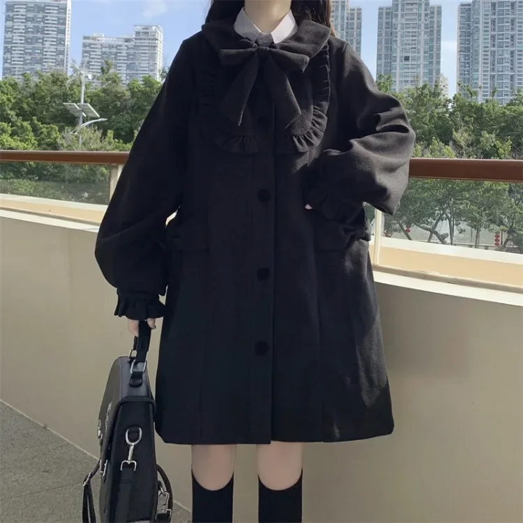 Winter Women\'s Woolen Coat Japanese Lolita Style Sweet Kawai Bow A-Line Loose Jackets Female Elegant Fall Korean Fashion Outwear