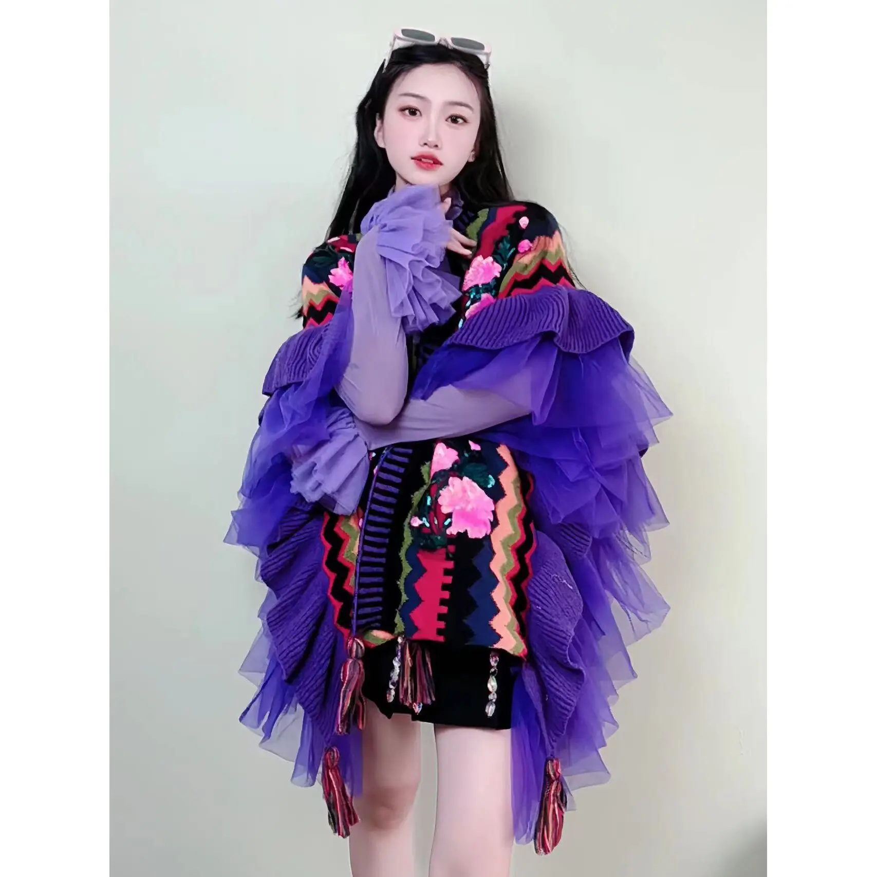 Purple Coat With Lotus Sleeves Fashion High-end Designer Trend Embroidery Scarf Shawl Cape Overlay In Autumn Daily Wear Top