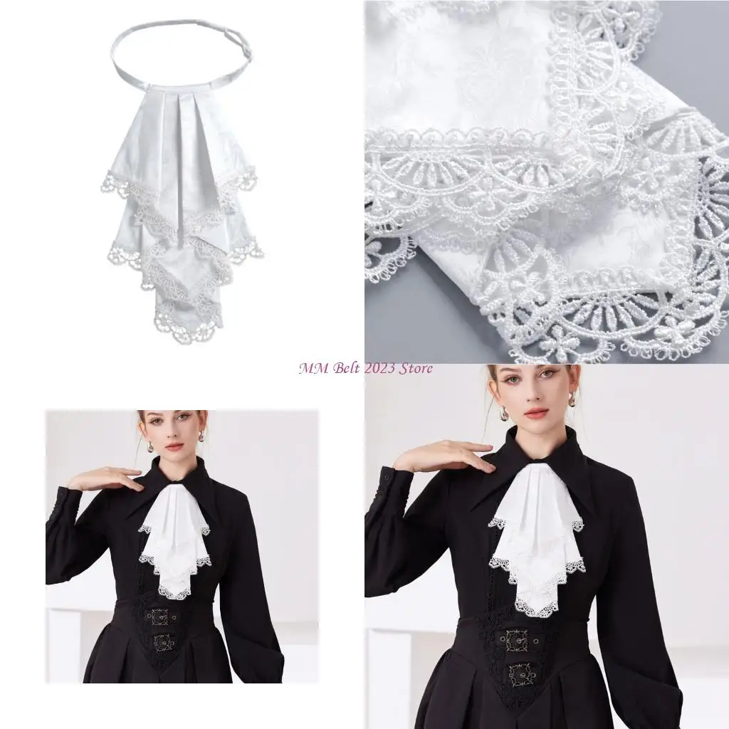 49ME Detachable Jabot Collar for Women, White Polyester Ruffle Front With Lace Trim and Adjustable Neck Strap