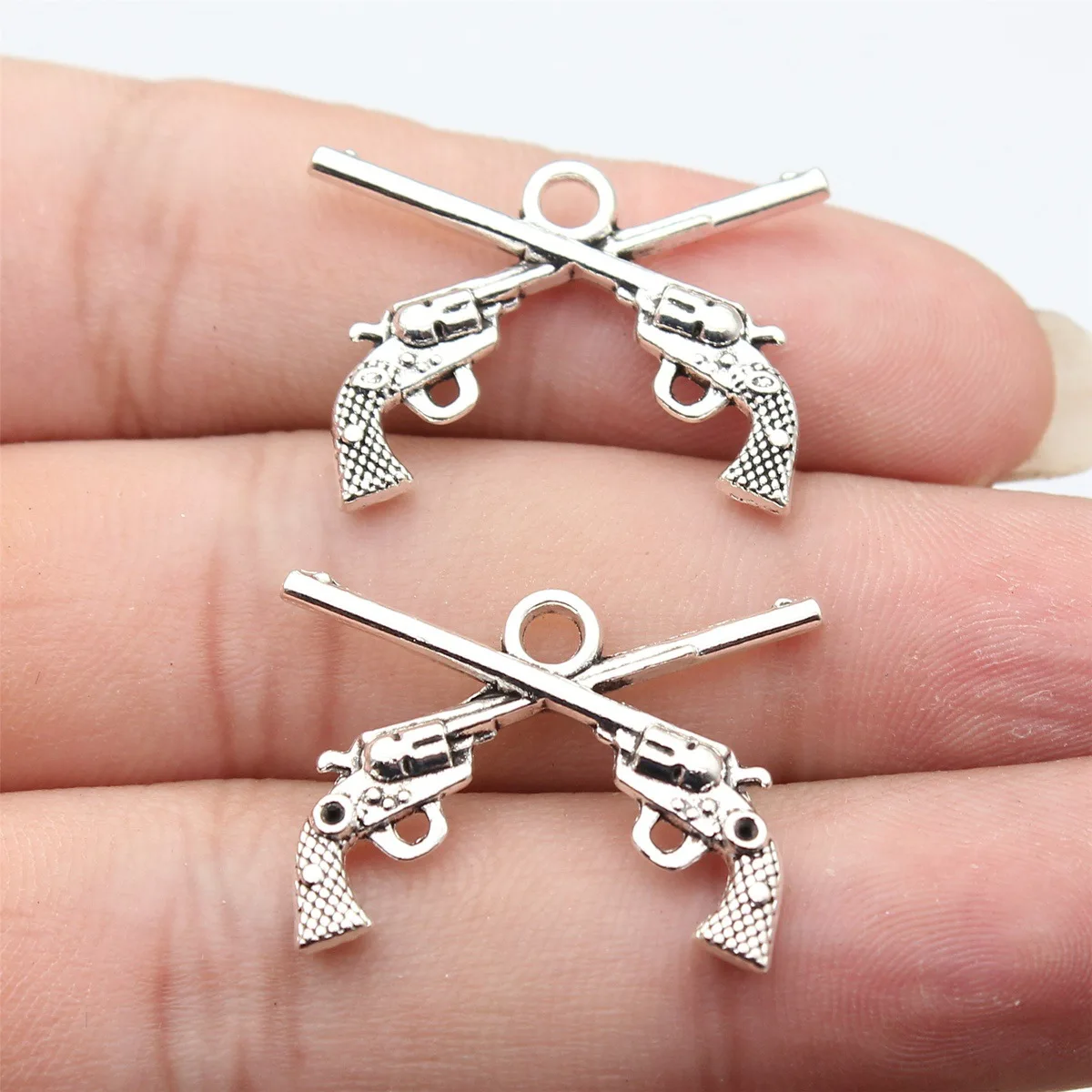 WYSIWYG 10pcs 27x20mm 2 Colors Antique Bronze Color Antique Silver Color Double Gun Pistol Charms For DIY Jewelry Making