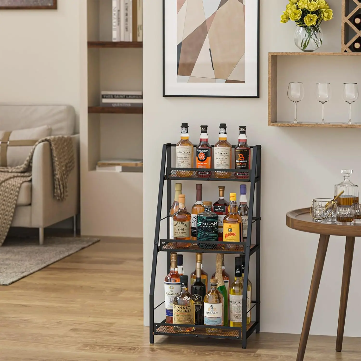 3 Tier Trapezoidal Wine Rack Freestanding Floor Step Wine Bottle Storage Holder Multi Shape Liquor Bottle Organizer for Home Bar