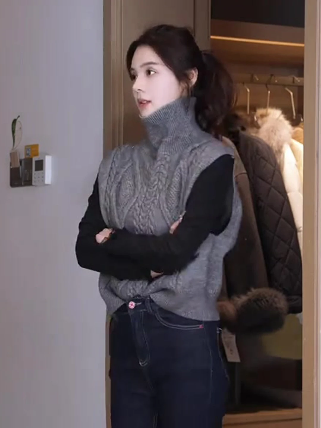 

Sli Korean High Collar Double-Sided Knitted Vest Simple Faionable Bridesmaid Top Trendy Commute Wear Versatile Svel