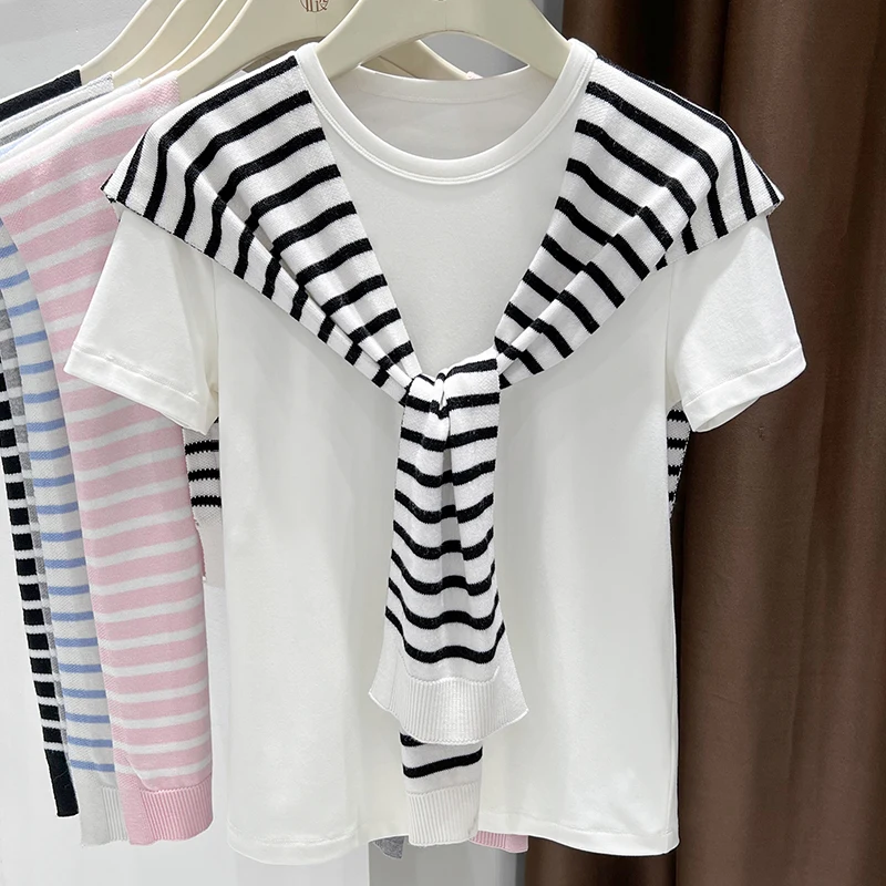 

Casual knitted striped shawl outerwear thin women 2025 new summer office air-conditioned room neck protection small waistcoat