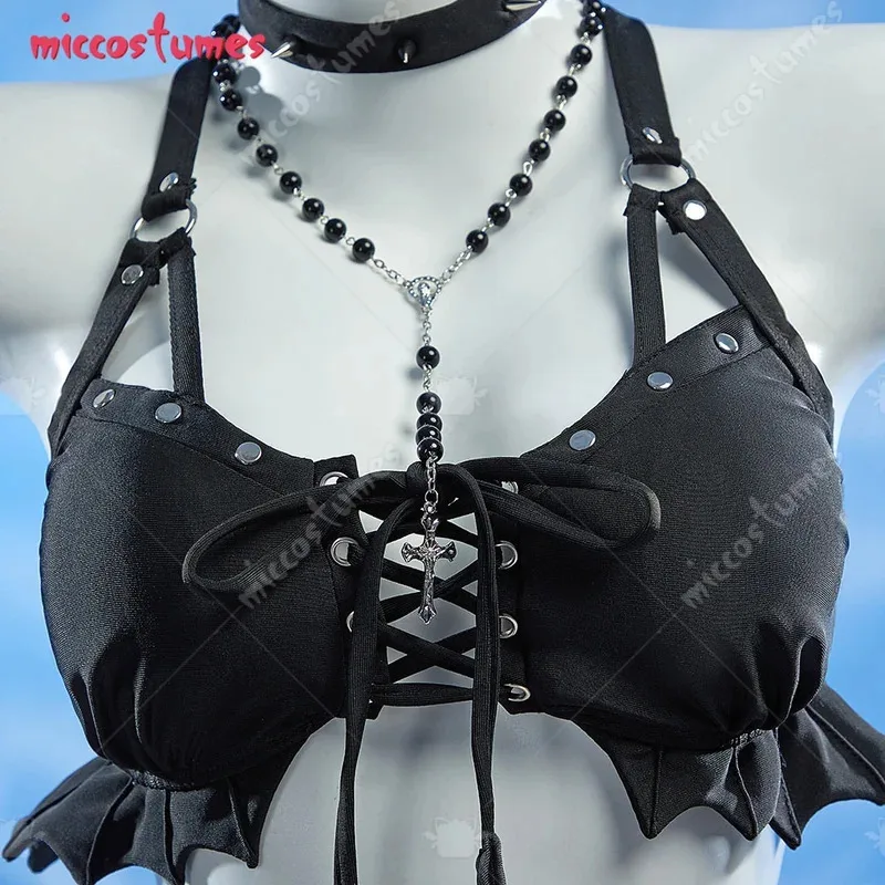 25COShaikyuu Women Goth Two Piece Swimsuit with Necklace Bat Ruffle Bikini Gothic Bathing Suit Swimwear Halter view 5