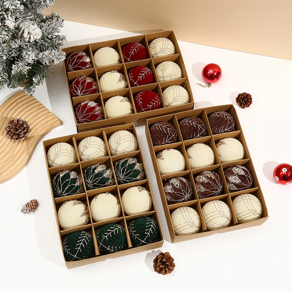 

Holiday Tree Decorations Flocked Balls Decor Brown white Complete Set Of Ornaments Decoration Cohesive Elegant Look