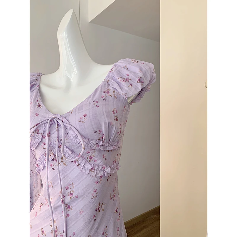 Robe longue à fleurs pour femmes, élégante, Vintage, col en V, Slim, décontractée, manches courtes, français, rétro, été, nouvelle collection