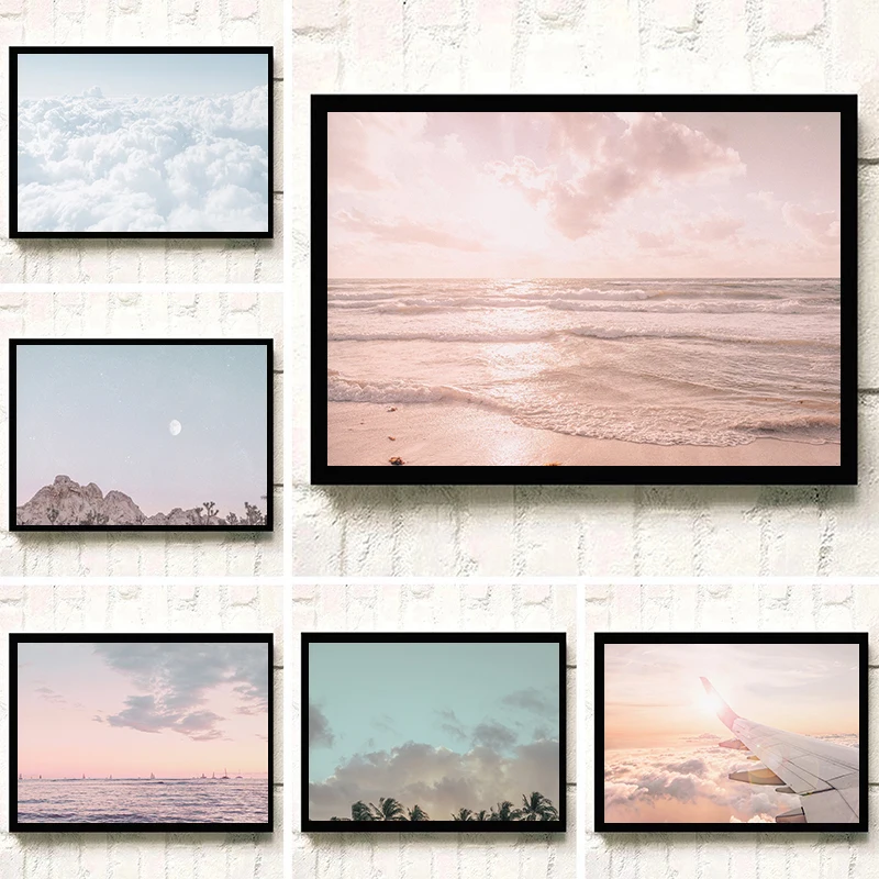 

Horizon Blush Pink Sunset Clouds Photography Airplane Posters Wall Art Pictures Canvas Painting Living Room Home Decor Gift