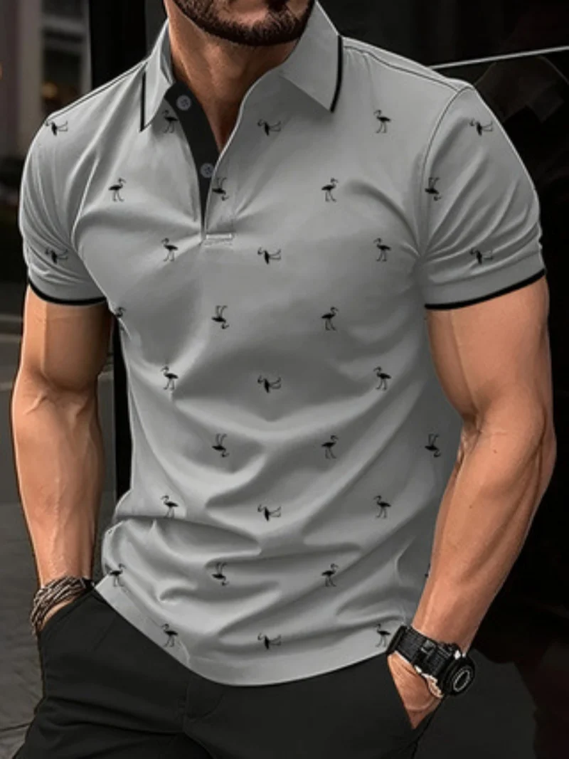 2025 Europe and the United States men's new summer fashion 3D lapel Flamingos fashion printed street short-sleeved top