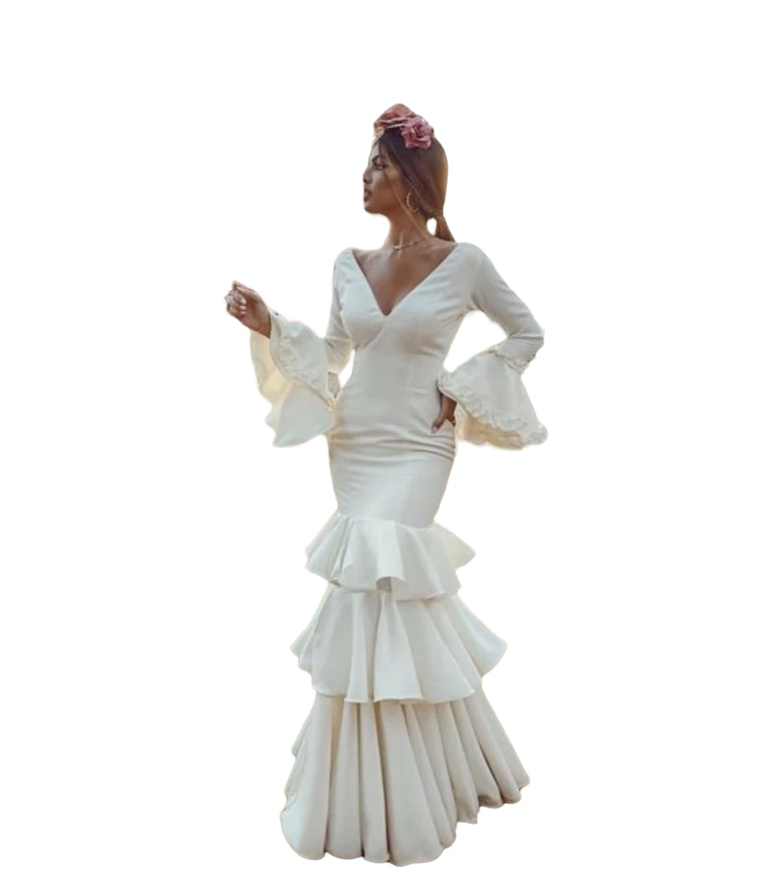 Robe de Soirée en Forme de Sirène Ivoire avec Jupe à Plusieurs Niveaux, Vêtement à Manches sulf, Col en V, Style Flamenco Espagnol