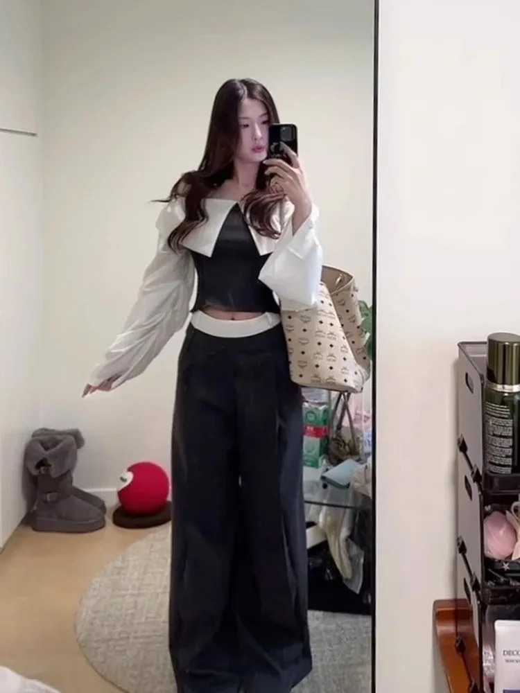 

Women's Autumn 2025 New Design Sensation Set Black One Shoulder Wide Leg Pants Color Collision Korean Style Fashion Set