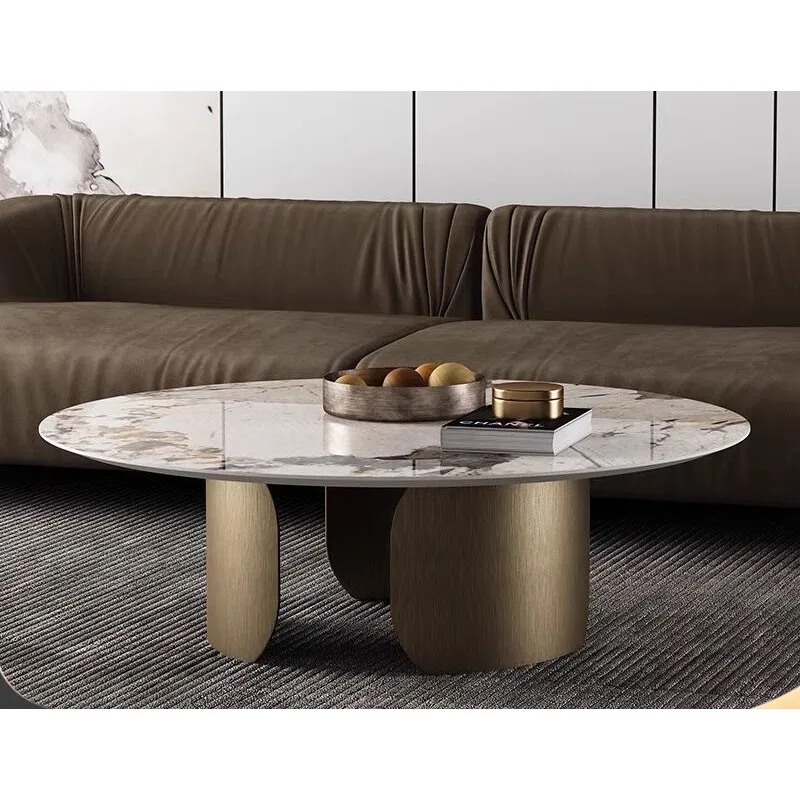 

Factory custom luxury stone rock slab coffee table round simple modern stainless steel foot marble living room small apartment r