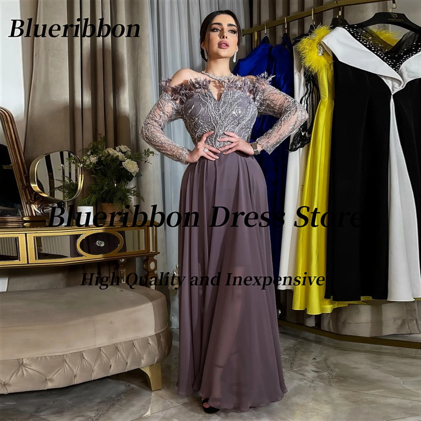 Blueribbon Feathers Bateau Neck Evening Dresses Long Sleeves Zipper Back Prom Dress Chiffon A Line Wedding Party Mother Wear