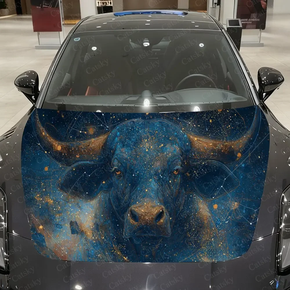 Gilded Constellation Bull Head Car Vinyl Wrap, PVC Waterproof Car Hood Sticker, Self-Adhesive Scratch-Resistant Stickers