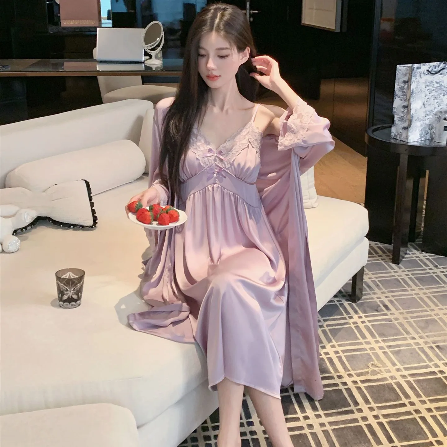 Summer Ice Silk Satin Sexy Lace Trim Long Style Robe Nightgown Sets Women Nightwear Home Dress Sleepwear Lounge Wear