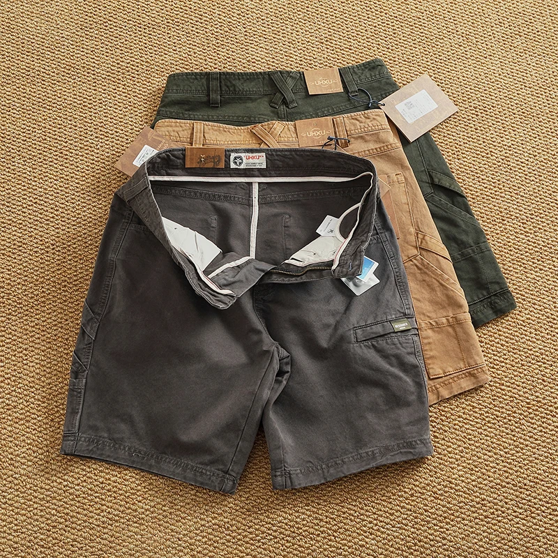 Summer Men's Heavyweight Workwear Shorts American Vintage Carpenter Cargo Shorts - 5-Inch Inseam Utility Design 100% Cotton