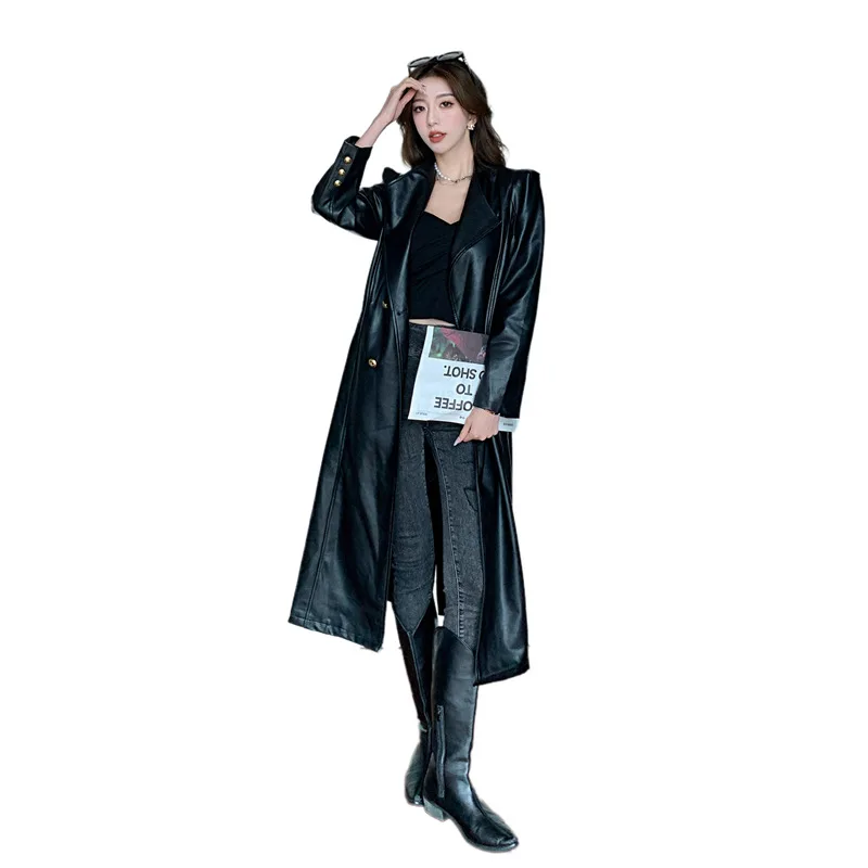 Cappotto in pelle alla moda ed elegante cappotto giacca a vento da donna Bomb Street Design Sense allacciatura cappotto lungo in vita