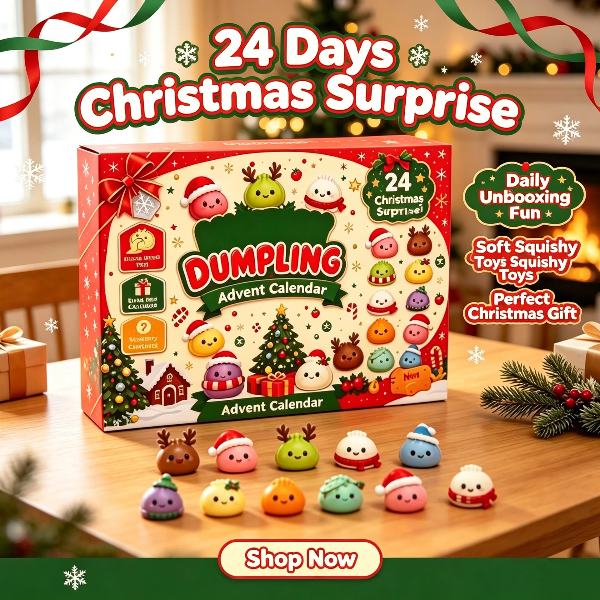 Christmas Dumpling Advent Calendar Gift Set, 24 Days Surprise, Holiday Countdown Ornaments, Tabletop Decor, Festive Favor Gifts