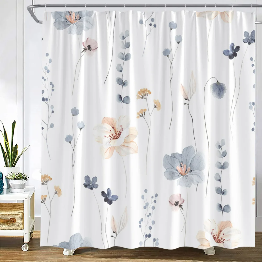 Green Eucalyptus Shower Curtains Watercolor Leaves on The Top Plant with Floral Bathroom Decor Cloth Bath Curtain Set with Hooks