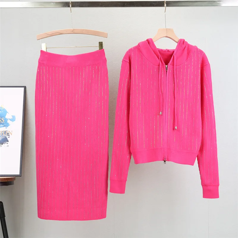 

2024 High end Small Fragrant Style Western Style Korean Hot Diamond Sweater cardigan, Women's Spring and Autumn Skirt Set